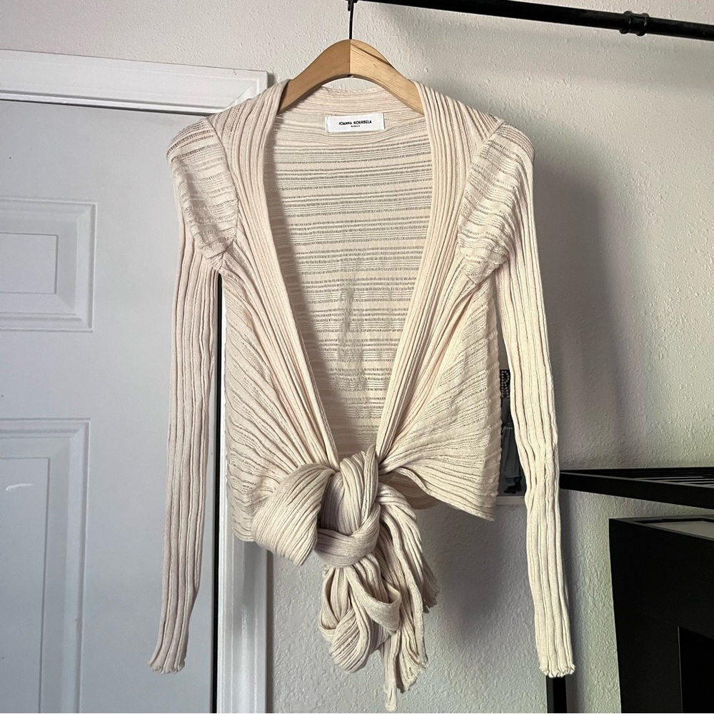 IOANNA‎ KOURBELA cream nude open stretchy knit tie front cropped sweater top